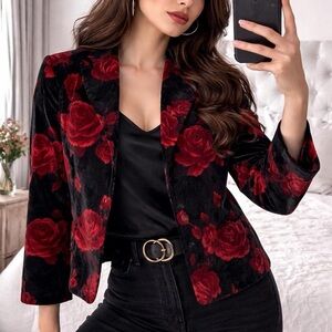 Talbots Black & Red Rose Velvet Blazer Jacket – Size 2 – NWT